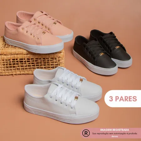 Kit 3 Pares Tenis Feminino Donna Casual Basico Dia a dia