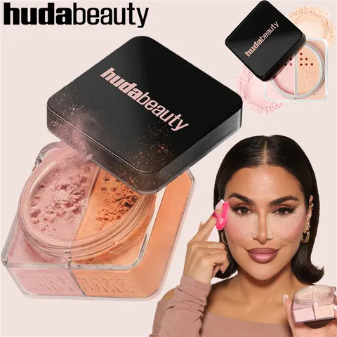 HudaBeauty Easy Bake Pó Solto Iluminador e Corretor Duo de Longa Duração, Controle de Oleosidade, Maquiagem Natural à Prova d'Água para o Rosto