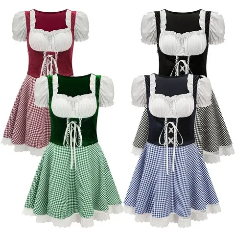 2026 Novo Traje de Cosplay de Carnaval, Vestido Engraçado de Oktoberfest de Manga Curta, Roupas de Festa Temática Retrô para Mulheres Adultas