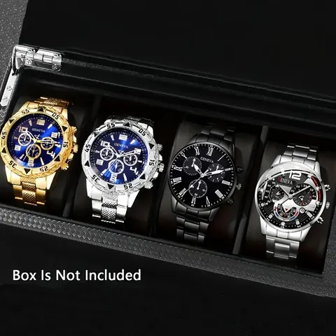 4 peças/1 peça Relógio de Quartzo Masculino Elegante - Pulseira de Aço Inoxidável, Caixa Redonda de Liga de Zinco, Esportivo Eletrônico