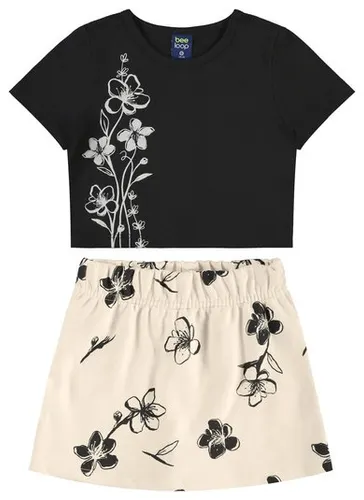 Conjunto Infantil com Blusa Cropped e Short-Saia Floridos (Preto) Bee Loop