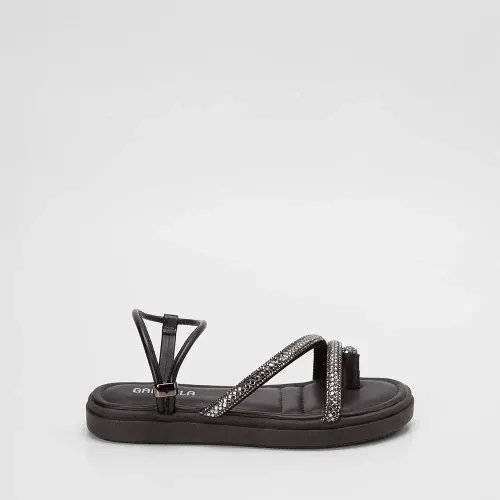 Sandália Feminina Gabriela Flatform Tiras Strass Preto