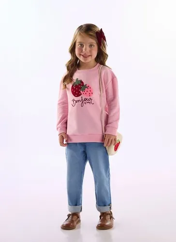 Blusão Infantil Menina em Moletom com Bordado de Morango Rosa