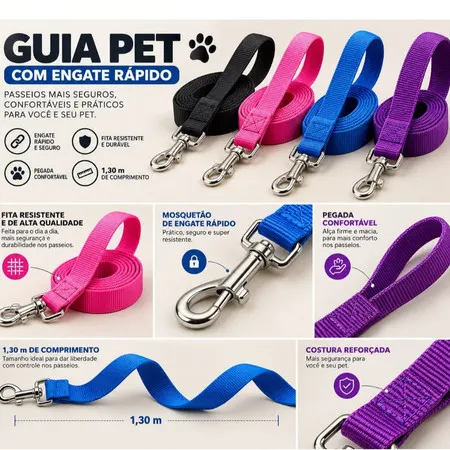 Guia para cachorro 1,30m com mosquetão giratório passeio porte pequeno e médio