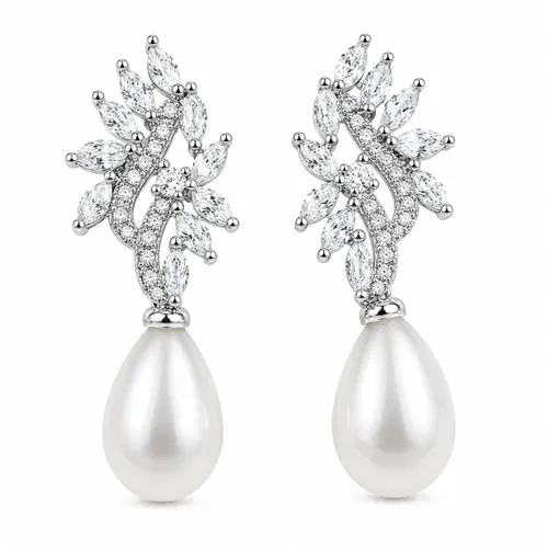 Brinco Navete Cristal Zircônia Pérola Gota 2,7 cm em Prata 925