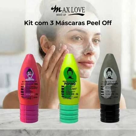 Kit com 3 Máscaras Peel Off - AntiOleosidade Dia, Pepino, Carvão Ativado Max Love