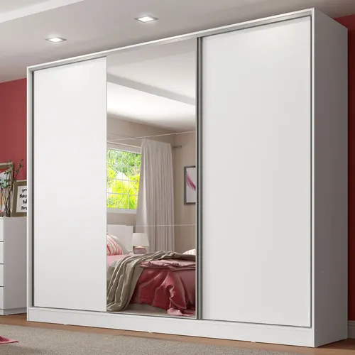 Guarda-Roupa Casal 231 cm 3 Portas de Correr com 1 Espelho 4 Gavetas 100% MDF Branco Royale Madesa