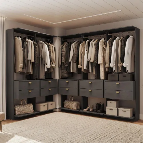 Guarda-Roupas Closet Modulado Alasca 300cm 5 Peças com 10 Gavetas e Cabideiros Preto Touch Carraro