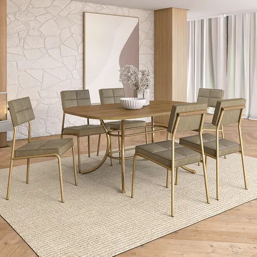 Conjunto de Sala de Jantar 6 Cadeiras Benim Carraro Noce Dourado