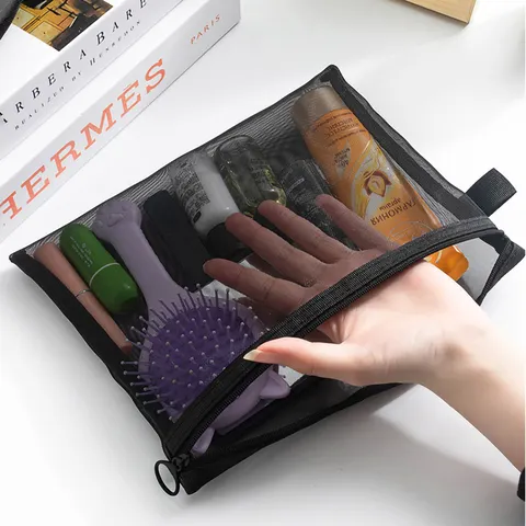1/5/10 pçs malha clara sacos de cosméticos feminino preto saco de maquiagem portátil viagem organizador de higiene pessoal caso batom armazenamento bolsa presente