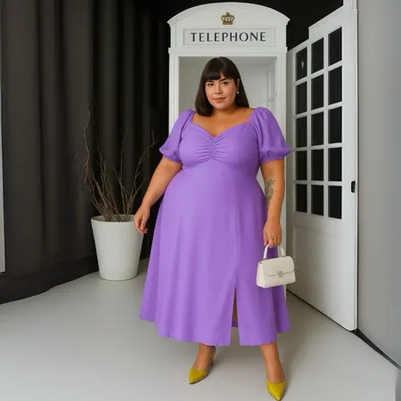 Vestido Longo Plus Size Feminino Curves 46 ao 56 Decote Princesa Elegante Viscolinho/Crepinho