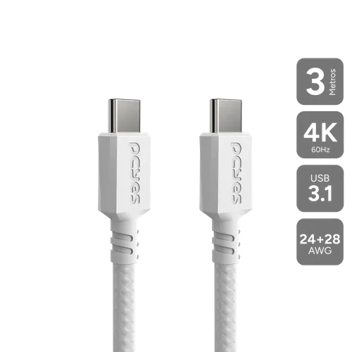 Cabo USB-C 3.1 para USB-C 3.1 PCYES Nylon Branco 3 Metros PUCP3B