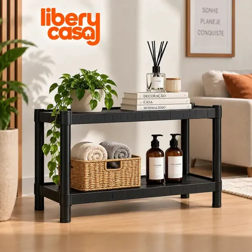 Estante Plastica Modular 2 Prateleiras Multiuso Grande Organizadora Preta Super Resistente Libery Casa para Livros Bandeja Organizador Armário Livreiro para Cozinha Banheiro Sala Quarto Sapateira