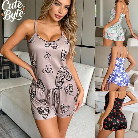 Pijama Sexy Feminino, Conjunto de Camiseta de Seda Satin com Estampa e Shorts, Confortável e Respirável para Uso em Casa, Novo