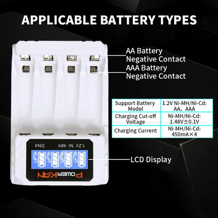 Novo carregador de bateria POWERKAN DN4 com display LCD para carregamento de 4 baterias NiMH/Cd AA AAA 1.2V, cabo USB