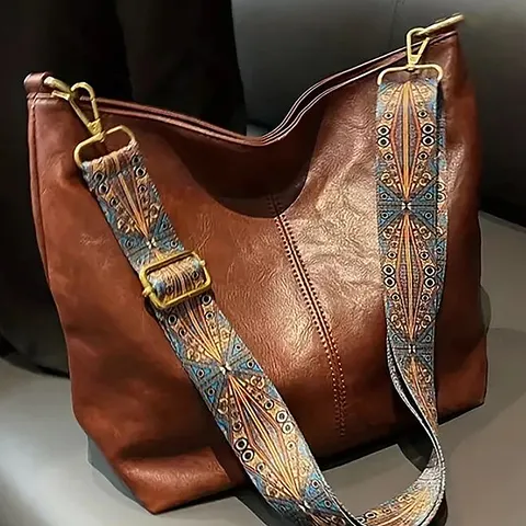 Bolsa de ombro com alça geométrica larga, bolsa crossbody de grande capacidade para mulheres, bolsa retrô de couro pu para compras e viagens