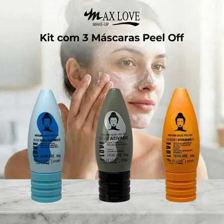 Kit com 3 Máscaras Peel Off - Ácido Hialurônico, Carvão Ativado, Vitamina C Max Love