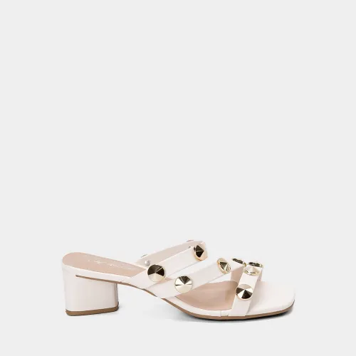 Tamanco Feminino Penélope Salto Geométrico Tachas Off White