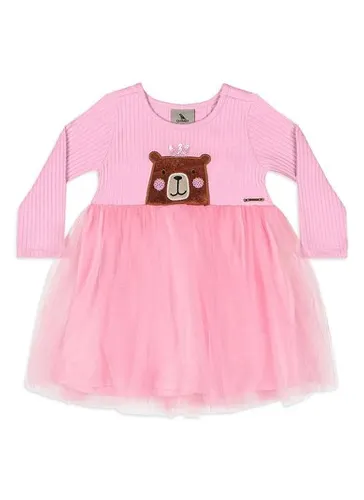 Vestido Bebê Menina em Ribana com Tule e Forro Rosa