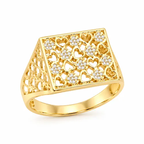 Anel Retangular Trabalhado com Zircônias em Ouro 18K