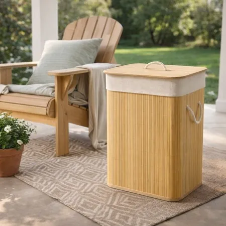 Cesto de Roupa Suja de Bambu Bege Dobrável com Alças Malular 70L