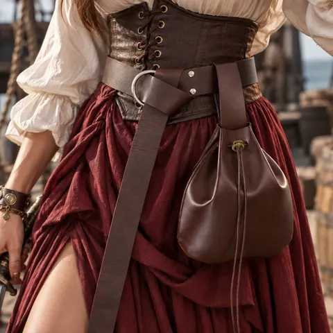 Cinto de couro sintético estilo medieval com bolsa de cordão, cinto de cintura com cauda longa renascentista, bolsa pendurada, pirata, bruxa, LARP, cosplay.
