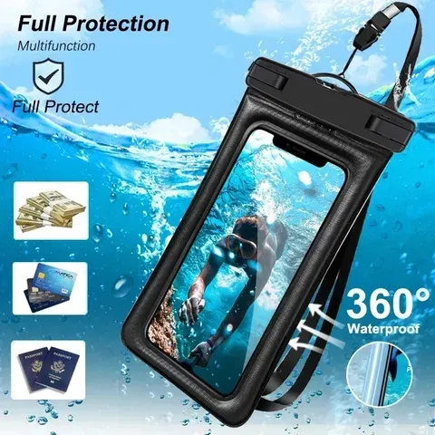 Bolsa de Telefone Transparente à Prova d'Água em PVC com Tela Sensível ao Toque Luminosa e Fecho de Segurança para Natação, Mergulho, Fontes Termais e Rafting