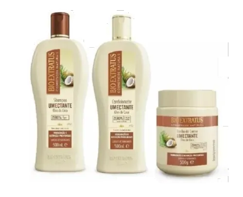 Kit Shampoo Condicionador e Banho de Creme Bio Extratus Umectante Óleo de Coco 500g