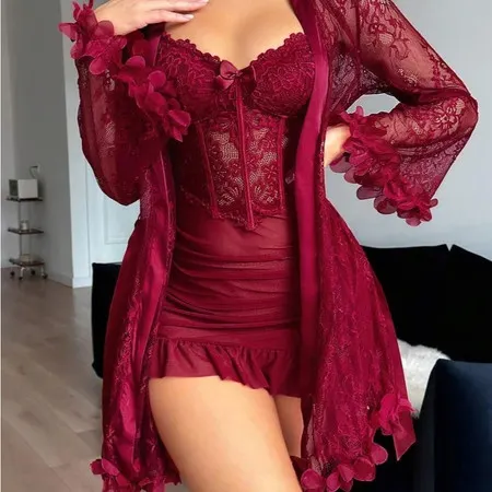 Conjunto Feminino de Camiseta e Roupão de Seda – Elegante , Sexy , Gaze de Renda de 2 Peças