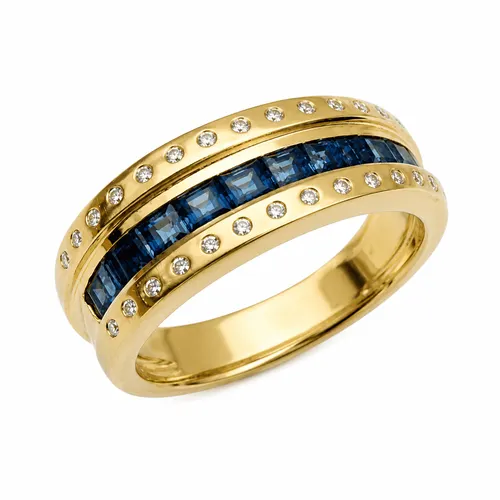 Anel Largo com 30 Diamantes E 10 Safiras em Ouro 18K