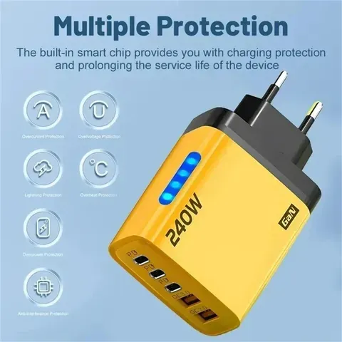 Carregador Rápido USB C PD 240W Adaptador de Carregamento Rápido Multi-Portas para iPhone 17 16 15 Samsung Xiaomi Huawei Carregador de Parede para Telefone Tipo C