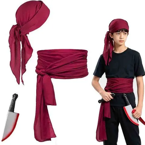 Conjunto de acessórios para fantasia de pirata: lenço de cabeça cor bordô + faixa para a cintura + faca de brinquedo, para cosplay medieval, renascentista, de Halloween, para adolescentes e adultos.