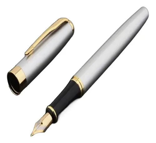 Caneta Fina Tinteiro Pena Luxo Preta Exterior Prateado 3mm Metal