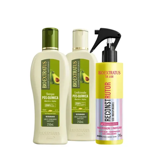 Kit Reconstrutor Pós Química Be.use Bio Extratus Shampoo 250ml Condicionador 250ml Finalizador 210ml
