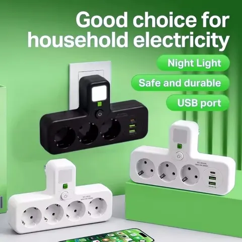 Tomada de Parede com Plugue EU, Duas Especificações, Com ou sem Porta USB Tipo-C, Carregador de Parede para Casa e Escritório com Luminária de Cabeceira