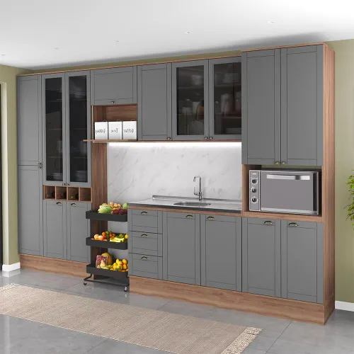 Armário de Cozinha Completa com Balcão Milla Versa Flex Carraro Nogal com Cinza Titânio