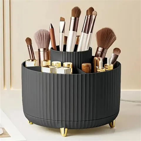 360 °   Organizador de Maquiagem Rotativo - 1 unidade de Armazenamento de Cosméticos em Plástico com 5 Compartimentos - Suporte Multifuncional para Pincéis