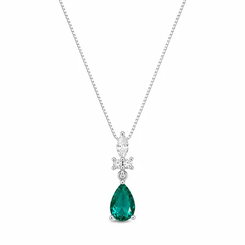 Colar 45 cm em Prata com Gota, Navete Esmeralda e Zircônias