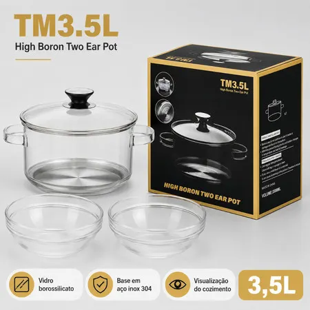 Conjunto Panela de Vidro 3,5L com Tampa Base Inox + 2 Tigelas para Gás Elétrico e Vitrocerâmico
