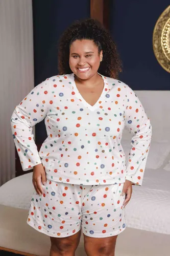 Camiseta Pijama Gola V Manga Longa Estampa Poá Aquarela