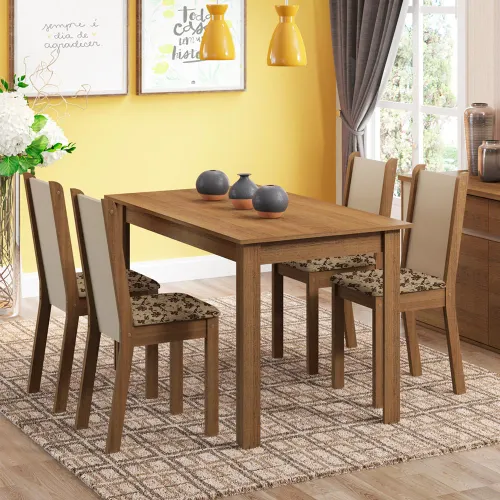 Conjunto Sala de Jantar Madesa Bea Mesa Tampo de Madeira com 4 Cadeiras Rustic/Crema/Bege Marrom