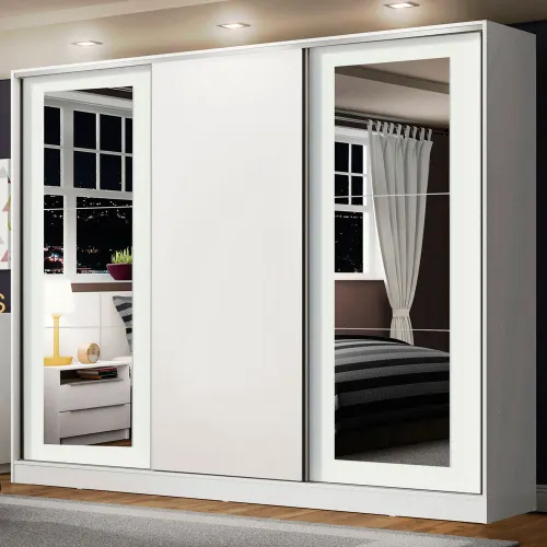 Guarda-Roupa Casal 100% MDF Madesa Eros 3 Portas de Correr com Espelhos Branco