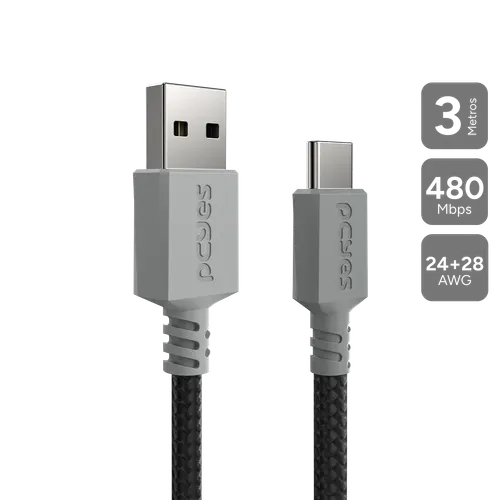 Cabo USB A 2.0 para USB Tipo-C PCYES 3M Nylon 3A CBPY03C