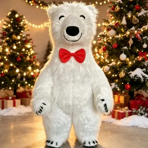 Fantasia de Mascote de Urso Polar Branco Inflável Gigante com Rosto Sorridente, Traje de Cosplay Peludo para Festas, Halloween, Natal e Fantasias
