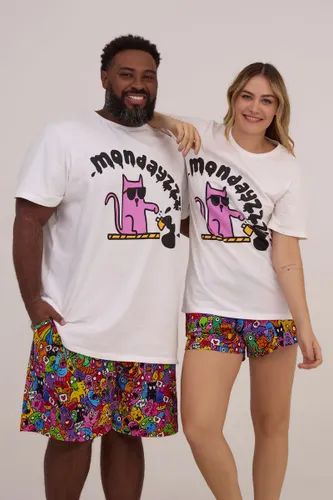 Camiseta Gola Careca Branca com Estampa Gato Mondayzzz