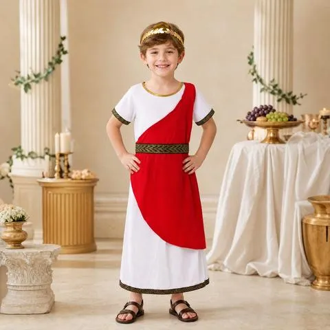 Fantasia de Deusa Romana para Crianças, Vestido de Fantasia Estilo Romano com Detalhes Dourados e Tiara de Louros, Conjunto de Vestido Toga com Acessórios