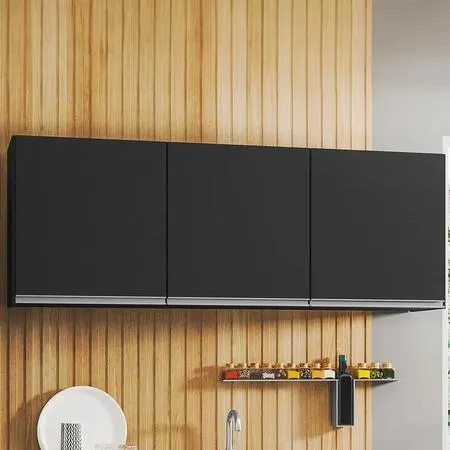 Armário Aéreo de Cozinha 150cm 3 Portas Argélia Preto - Lumil