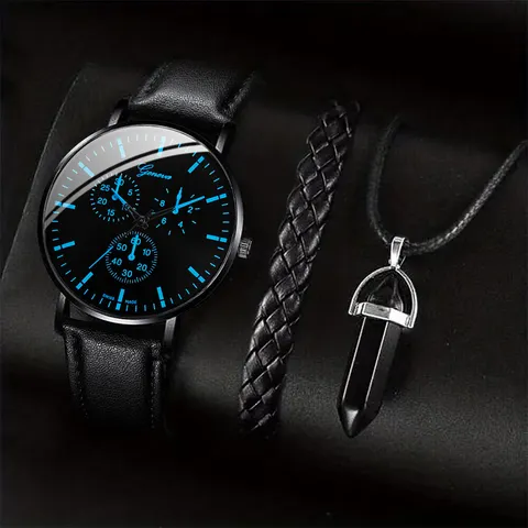 3 Pçs/set Homens Relógios de Negócios Casual Pulseira de Couro Analógico Masculino Relógio de Quartzo Colar Pulseira Conjunto