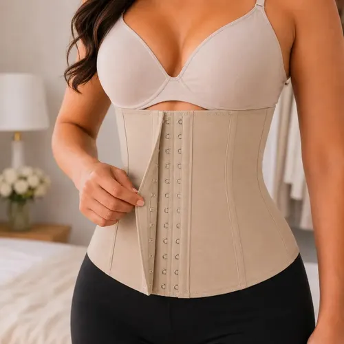 Cinta Modeladora Abdominal Feminina Esbelt 404 Emborrachada Cotton Afina Cintura Redutora Barriga Compressão Postural 4 Barbatanas - Chocolate M