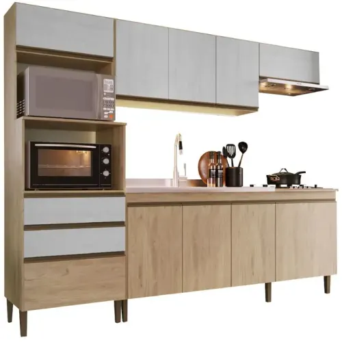 Cozinha Compacta Ariel 10 Portas 2 Gavetas sem Tampo Casamia 250x201x52cm Carvalho/snow